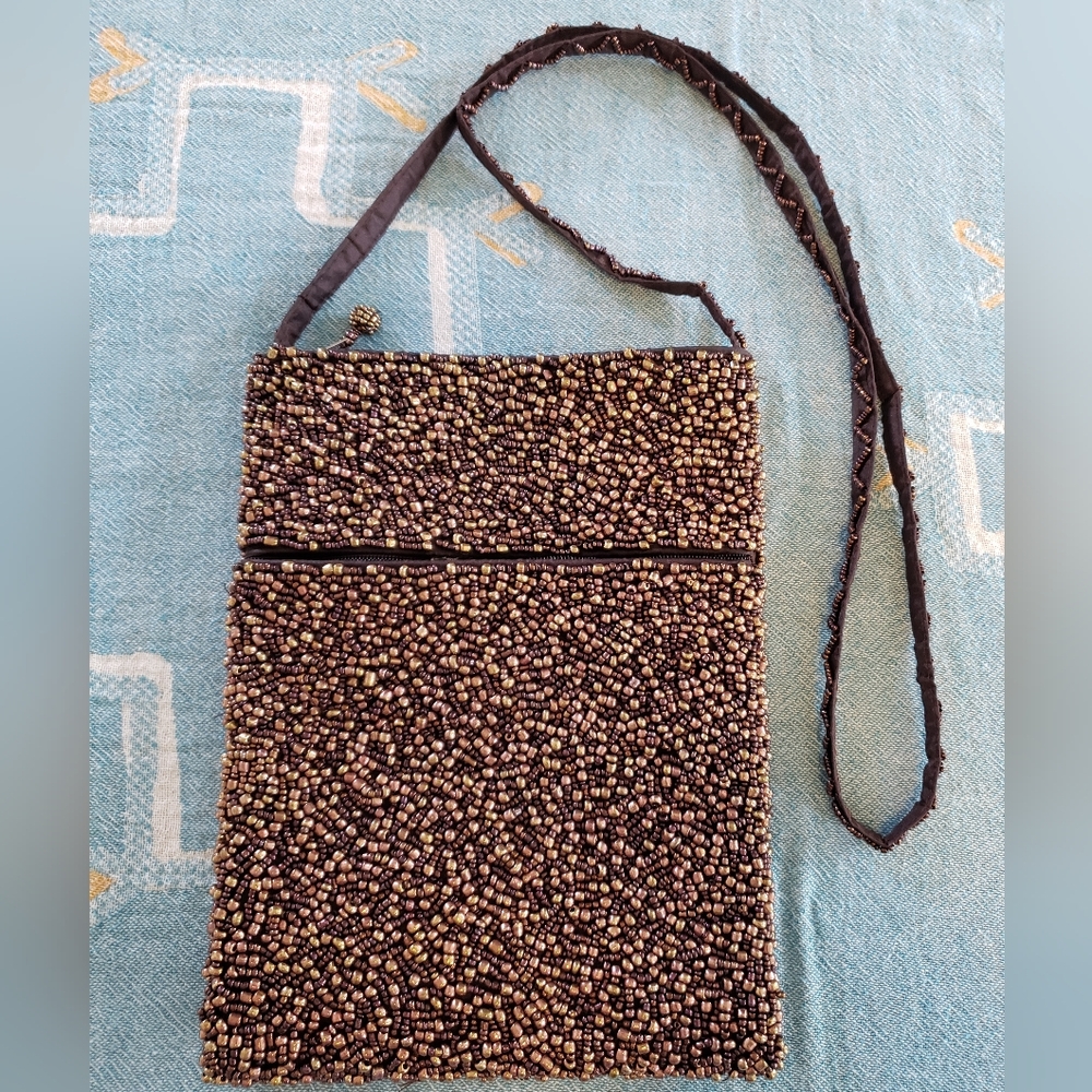 Metallic Bronze Beaded Crossbody Bag